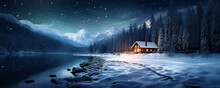 Idyllic Log Cabin In The Forest In The Evening, Winter Scene