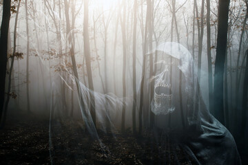 Wall Mural - Double exposure of a haunted, dark forest and a scarry figure.