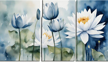 Watercolor Painting With Abstract Blue And White Flowers Water Lilies, Leaves