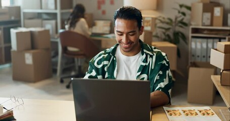 Ecommerce, market research and email, happy man with laptop in office, website and sales for creative small business owner. Ideas, online shop and smile, designer at desk in showroom with computer.