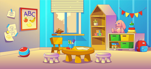 Wall Mural - Kindergarten nursery room for kid to play cartoon. School classroom and playground interior for children. 2d concept with table, chair, board, house shelf and indoor daycare inside kindergarden.