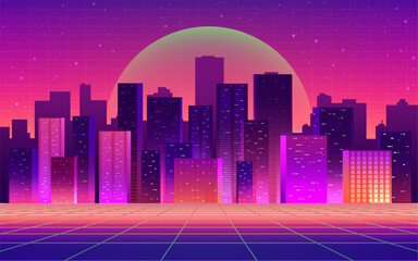 Wall Mural - Futuristic night city with technological light grid background. Digital futurist cyber downtown space design, cyberpunk technology, Town virtual reality, science fiction matrix, vector illustration