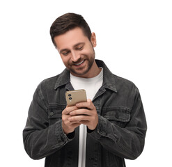 Wall Mural - Happy man sending message via smartphone on white background