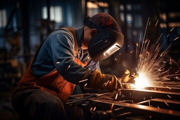 Workers and welders welding in the factory