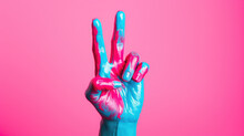 A Person's Hand In Paint On A Colored Background, Gesture, Fingers, Palm, Deaf-mute Language, Art, Artist, Drawing, Body Art, Peace Sign, Victory