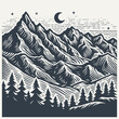 Mountain scene in the night. Vintage woodcut engraving style vector illustration.