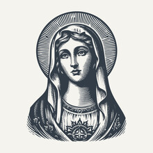 Holy Mary. Vintage Woodcut Engraving Style Vector Illustration.