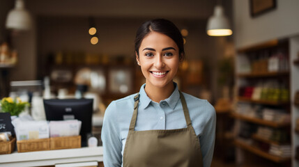 Smiling, young and attractive saleswoman, cashier serving customers. AI generativ.