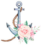 Hand drawn anchor with flowers, watercolor