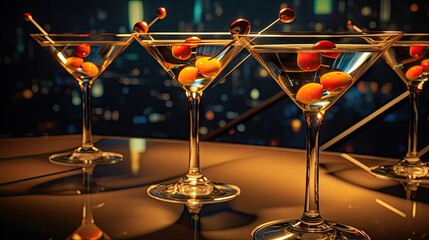 Poster - Close up of martini cocktails with a bar background embodying the concept of cheers