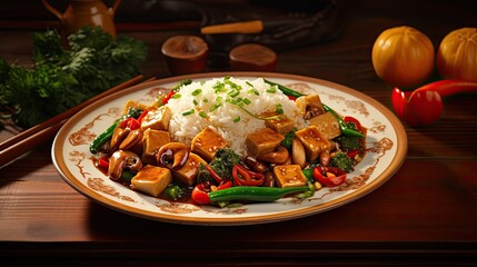 Aufkleber - Chinese vegetarian food festival featuring stir fried tofu and vegetables with rice
