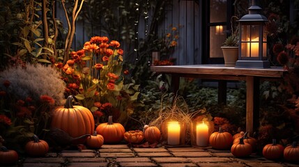 Poster - Autumn porch or patio adorned with pumpkins lights and dry leaves