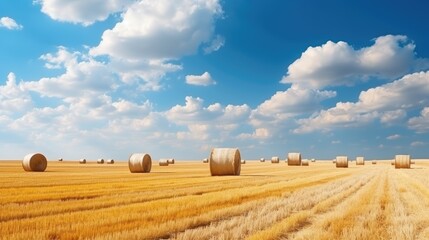 Poster - Autumn rural panorama with golden wheat haystacks under a sunny sky dotted with clouds