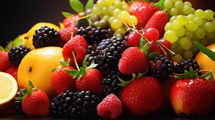 Poster - Colorful background with varying fresh fruits embodying natural nutrition and vitamin rich concept