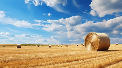 Poster - Autumn rural panorama with golden wheat haystacks under a sunny sky dotted with clouds
