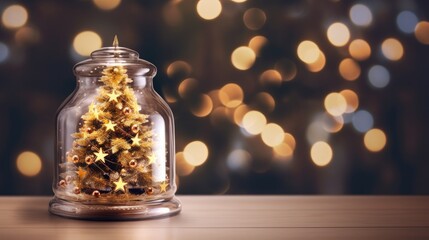 Poster - Christmas tree in glass jar with bokeh lights background copy space