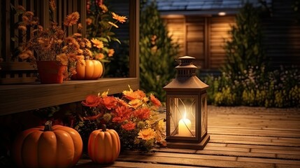 Poster - Autumn porch or patio adorned with pumpkins lights and dry leaves