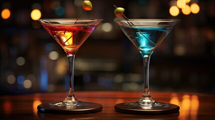 Poster - Close up of martini cocktails with a bar background embodying the concept of cheers