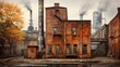 Abandoned Swedish steel mill with brick building and blast furnace