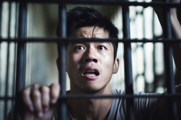 Wall Mural - An Asian prisoner in a cell behind bars. Young man in prison. Despair, sadness and loneliness of the person who committed the crime.