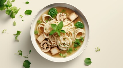 Wall Mural - Asian top view of vegan noodle soup with tofu cheese shiitake mushrooms lettuce in a white bowl