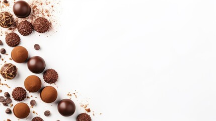 Fototapete - Chocolate truffles and pralines arranged on light background Top view Space for text