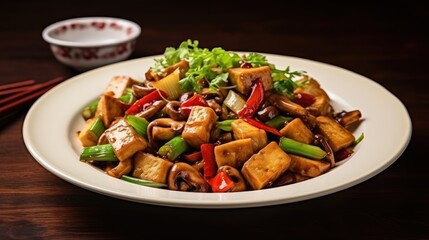 Aufkleber - Chinese vegetarian food festival featuring stir fried tofu and vegetables with rice