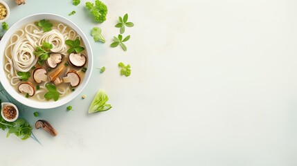 Wall Mural - Asian top view of vegan noodle soup with tofu cheese shiitake mushrooms lettuce in a white bowl