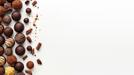 Aufkleber - Chocolate truffles and pralines arranged on light background Top view Space for text