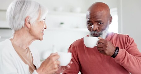 Poster - Senior, couple or coffee with communication in kitchen for relax, peace and bonding in interracial relationship. Elderly, man or woman drinking tea with conversation or talking at home, love or joy