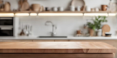 Wall Mural - Wooden tabletop counter in front of bright modern kitchen.