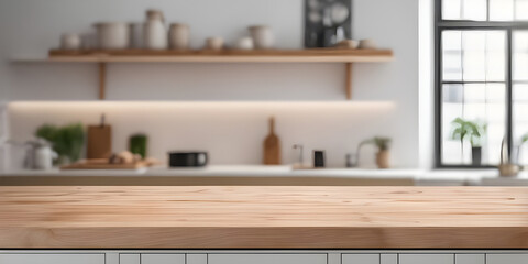 Wall Mural - Wooden tabletop counter in front of bright modern kitchen.