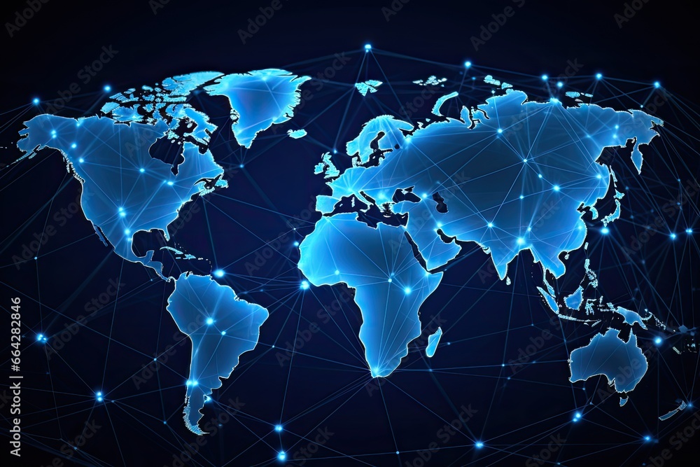 World map with glowing lines and dots on blue background. Vector ...