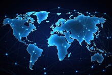 World map with glowing lines and dots on blue background. Vector illustration, Global networking and international communication. World map as a symbol of the global network, AI Generated