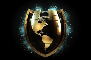 Canvas Print - Globe and shield, cyber security concept. 3D rendering, Global network security shield on a Black background, Digital security and data protection, AI Generated