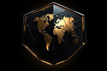 Canvas Print - 3d illustration of golden hexagon with world map on black background, Global network security shield on a Black background, Digital security and data protection, AI Generated