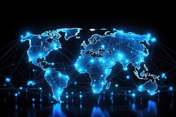 Sticker - Digital world map with glowing lines on dark background. 3D rendering, Global networking and international communication. World map as a symbol of the global network, AI Generated