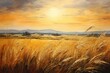 Wheat field at sunset with mountains in background. Digital painting, Golden field landscape, fantasy, empty background, painting, AI Generated
