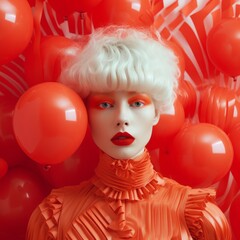 Wall Mural - Close up of the blonde. Orange rubber shapes in the background. Model with orange makeup and red lipstick on her lips.