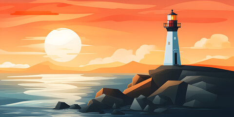 Poster - Lighthouse at sunset illustration background