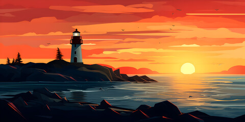 Poster - Lighthouse at sunset illustration background