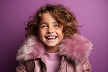 Wall Mural - Happy young little girl, smiling and laughing, dressed in bright clothing. Bright solid purple background.