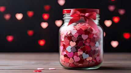 Wall Mural - small red and pink in a glass jar, Valentine's Day background