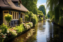Beautiful Homes, Gardens And Trees On Serene Sun Dappled Country Canal