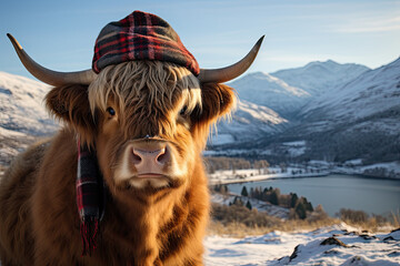 Wall Mural - highland cow in winter background 