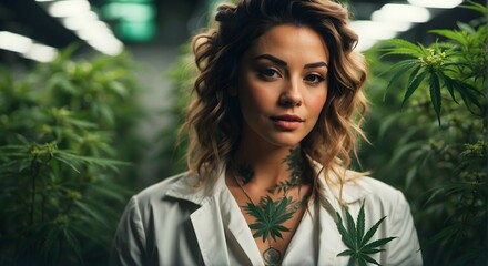 Wall Mural - Portrait of beautiful attractive brunette girl in cannabis cbd grow room surrounded by cannabis plants, medicinal marihuana concept 