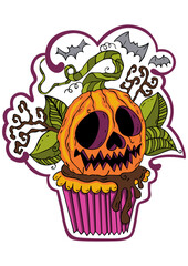 Canvas Print - Hand drawn cartoon doodle of cupcake Halloween pumpkin