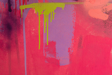 Wall Mural - Messy paint strokes and smudges on an old painted wall. Pink, purple, yellow, blue color drips, flows, streaks of paint and paint sprays