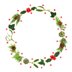 Wall Mural - Christmas holly berry and winter greenery wreath on white background. Abstract nature festive decoration for greeting card, logo, menu, invitation, Yule, Noel.