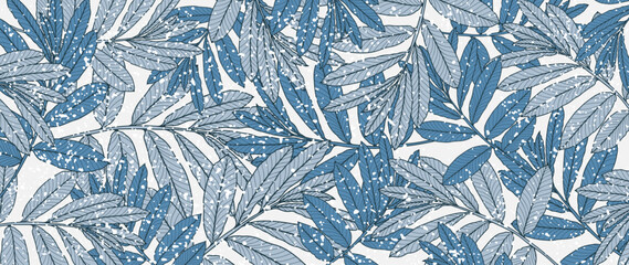 Canvas Print - Winter botanical background with blue branches and leaves and snow. Vector cool background for decor, wallpaper, cards, covers and presentations.